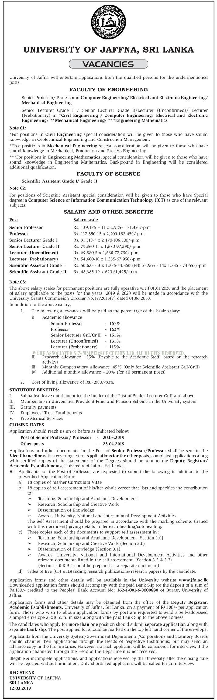 Senior Professor, Professor, Senior Lecturer, Lecturer, Scientific Assistant - University of Jaffna